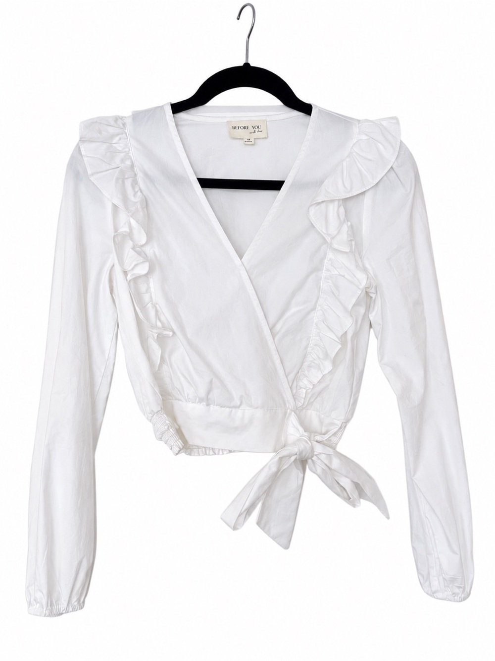 White Ruffle For You Tie-Waist Wrap Blouse